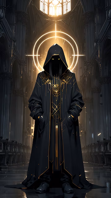 Shadowed Figure in Golden Circuit Cloak in Gothic Cathedral - Free 4K & 8K Mobile Wallpaper
