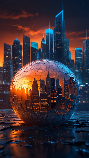 Shattered Glass Sphere Reflecting Neon City at Sunset - Free 4K & 8K Mobile Wallpaper