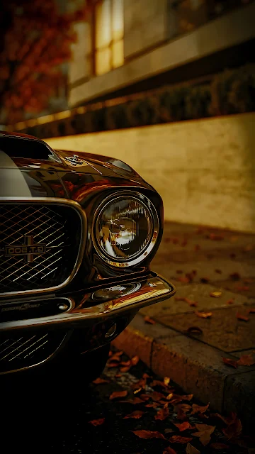 Round headlight and front chrome grille of a classic muscle car with fallen autumn leaves on pavement.