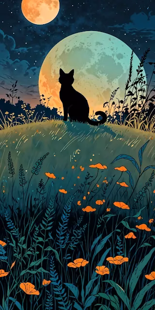 Silhouette Cat Watching Moon Over Wildflower Field - Free 4K & 8K Mobile Wallpaper
