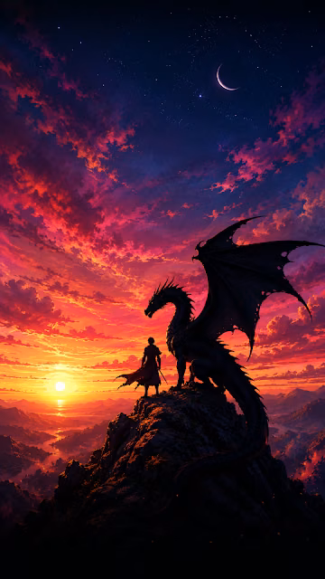 Silhouette of Dragon and Boy on Cliff at Dramatic Sunset - Free 4K & 8K Mobile Wallpaper