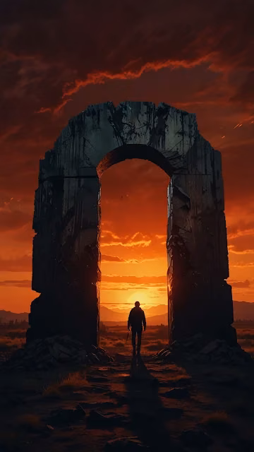 Silhouette Figure Walking Through Ancient Stone Arch - Free 4K & 8K Mobile Wallpaper