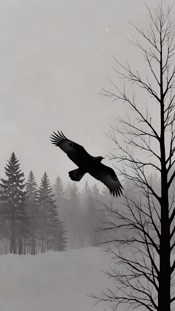 Silhouette of Flying Crow in Snowy Forest - Free 4K & 8K Mobile Wallpaper