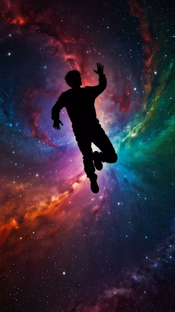 Silhouette of Person Floating in Colorful Cosmic Nebula - Free 4K & 8K Mobile Wallpaper