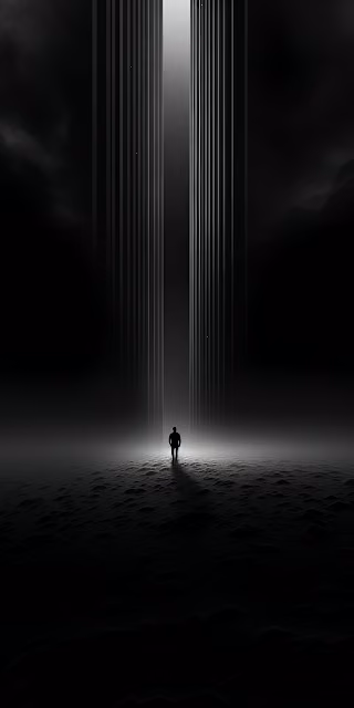 Silhouette Standing in Beam of Light Between Towers - Free 4K & 8K Mobile Wallpaper