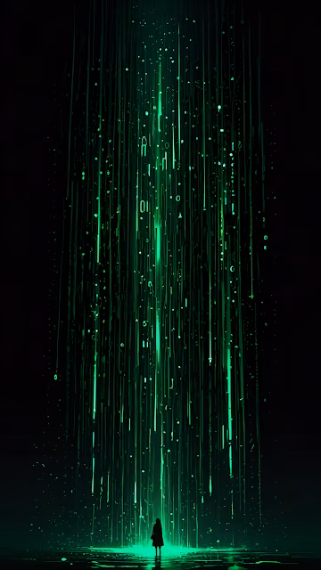 Silhouette Under Digital Green Rain in Dark Void - Free 4K & 8K Mobile Wallpaper