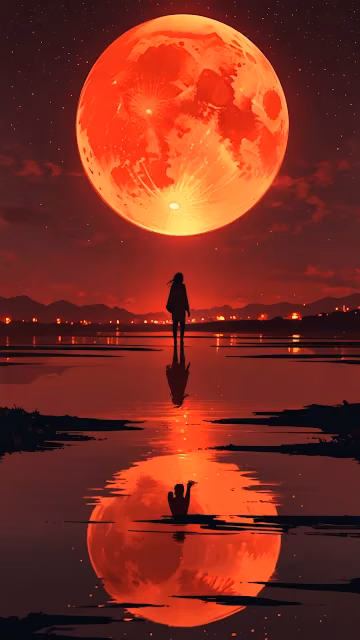 Silhouette Under Giant Blood Moon on Water - Free 4K & 8K Mobile Wallpaper