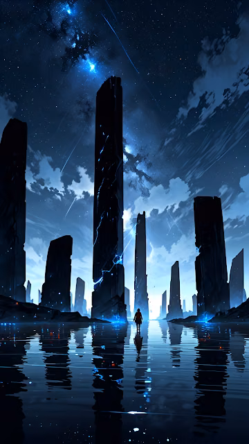Silhouette Walking Through Alien Monoliths Under Starry Sky - Free 4K & 8K Mobile Wallpaper