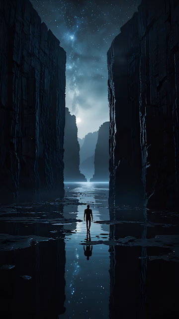 Silhouette Walking Through Moonlit Canyon Under Starry Sky - Free 4K & 8K Mobile Wallpaper