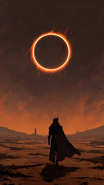 Silhouette Walking Toward Ringed Eclipse in Desert - Free 4K & 8K Mobile Wallpaper