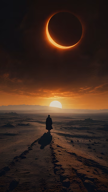 Silhouette Walking Toward Eclipse in Desert Landscape - Free 4K & 8K Mobile Wallpaper