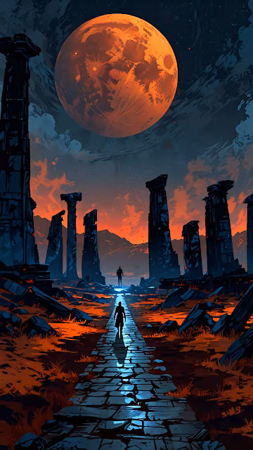 Silhouette Walking Toward Blood Moon Through Ruins - Free 4K & 8K Mobile Wallpaper