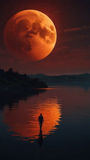 Silhouette Walking on Water Under Blood Moon - Free 4K & 8K Mobile Wallpaper