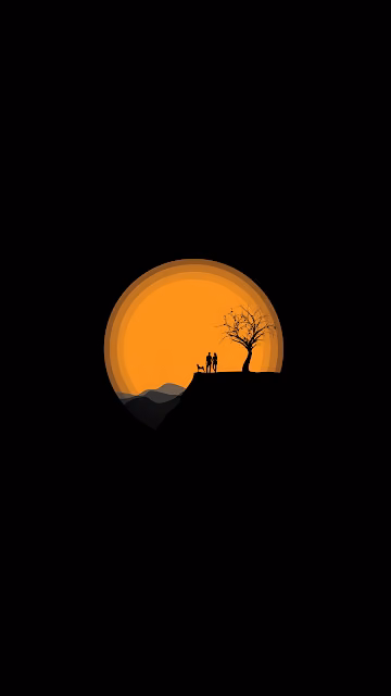 Silhouetted Couple and Dog on Cliff Against Orange Moon - Free 4K & 8K Mobile Wallpaper