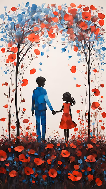 Silhouetted Couple Holding Hands in Red and Blue Poppy Field - Free 4K & 8K Mobile Wallpaper