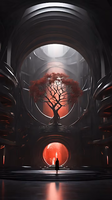 Silhouetted Figure Before Red Tree in Futuristic Dome - Free 4K & 8K Mobile Wallpaper