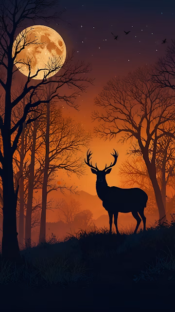 Silhouetted Stag Under Full Moon in Autumn Forest - Free 4K & 8K Mobile Wallpaper