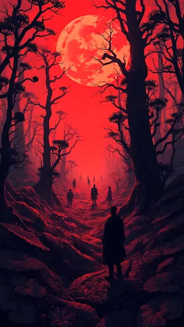 Silhouettes Walking Through Red Moon Forest - Free 4K & 8K Mobile Wallpaper