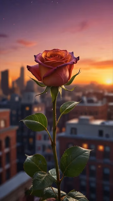 Single Rose Against City Sunset Skyline - Free 4K & 8K Mobile Wallpaper