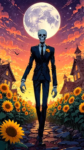 Skeleton Man in Suit Walking Through Sunflower Field - Free 4K & 8K Mobile Wallpaper
