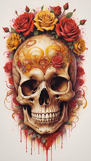 Skull Adorned with Red and Yellow Roses - Free 4K & 8K Mobile Wallpaper