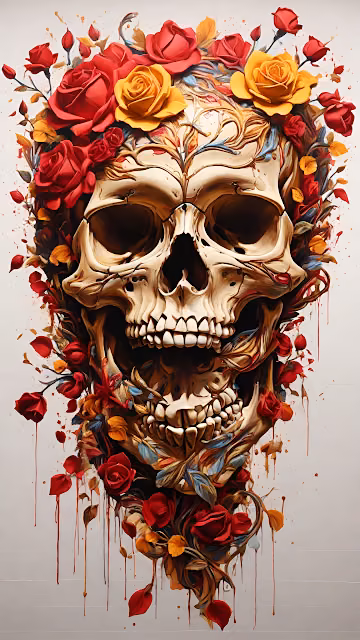 Skull Surrounded by Red and Yellow Roses with Drips - Free 4K & 8K Mobile Wallpaper