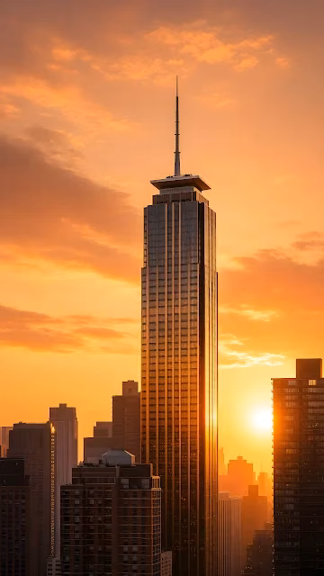 A modern glass skyscraper with an antenna spire stands against a bright golden sunset skyline. Tall glass skyscraper with rooftop spire reflecting warm sunlight against an orange sunset sky.