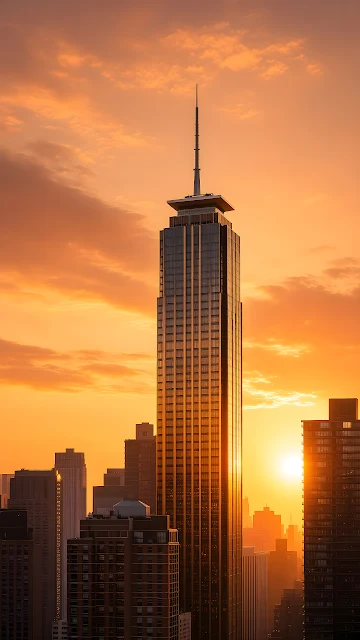 A modern glass skyscraper with an antenna spire stands against a bright golden sunset skyline. Tall glass skyscraper with rooftop spire reflecting warm sunlight against an orange sunset sky.