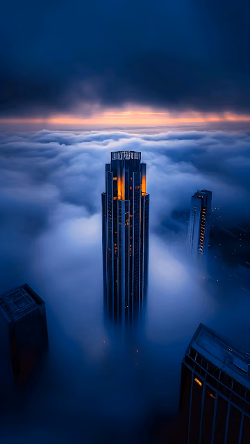 Skyscrapers Piercing Ethereal Fog At Twilight Glow - Free 4K & 8K Mobile Wallpaper