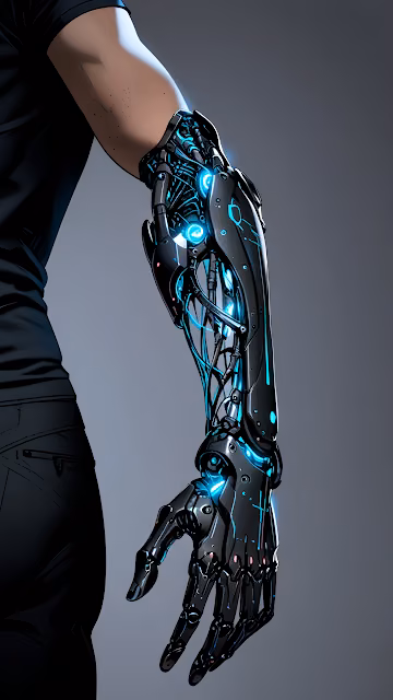 Sleek Black Bionic Arm Prosthetic Glowing Blue Circuits - Free 4K & 8K Mobile Wallpaper