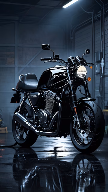 Sleek Black Motorcycle in Moody Garage Under Spotlight - Free 4K & 8K Mobile Wallpaper