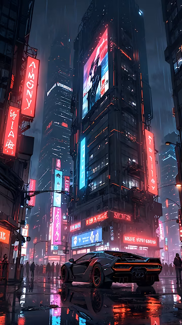 Sleek Black Sports Car in Rainy Neon Cyberpunk City - Free 4K & 8K Mobile Wallpaper