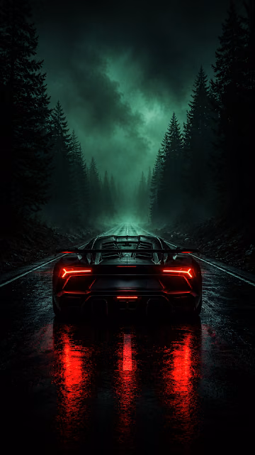 Sleek Black Sports Car on Wet Dark Forest Highway - Free 4K & 8K Mobile Wallpaper