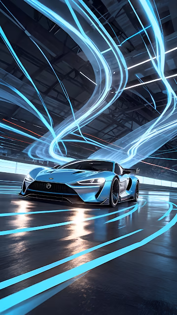 Sleek Blue Sports Car Racing Through Neon Light Trails, Futuristic Speed - Free 4K & 8K Mobile Wallpaper