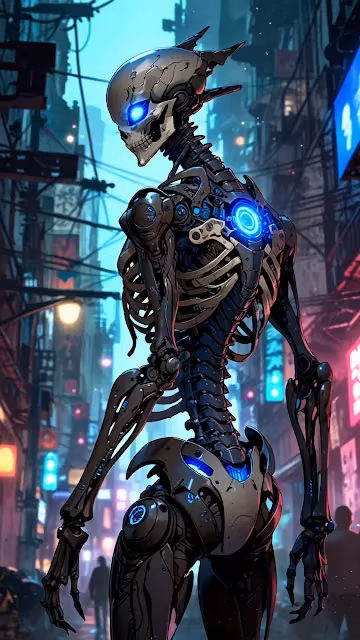 Sleek Cyberpunk Skeleton Cyborg in Neon Alleyway - Free 4K & 8K Mobile Wallpaper