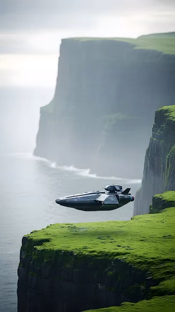 Sleek Sci-Fi Spaceship Hovering Over Grassy Sea Cliffs - Free 4K & 8K Mobile Wallpaper