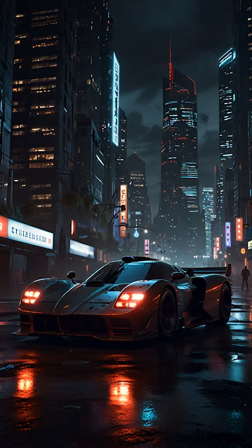 Sleek Sports Car on Rainy Neon City Street at Night - Free 4K & 8K Mobile Wallpaper
