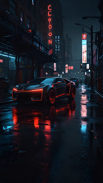 Sleek Sports Car on Rainy Neon City Street at Night - Free 4K & 8K Mobile Wallpaper