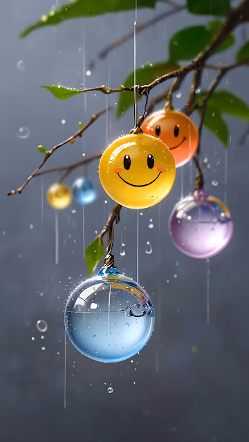 Smiley Faces in Colorful Water Droplets on Rainy Branch - Free 4K & 8K Mobile Wallpaper
