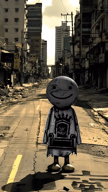 Smiling Robot in Desolate Urban Street at Golden Hour - Free 4K & 8K Mobile Wallpaper