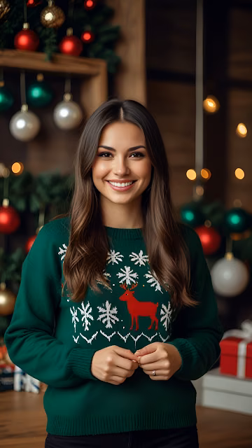 Smiling Woman Green Christmas Sweater Festive Portrait - Free 4K & 8K Mobile Wallpaper