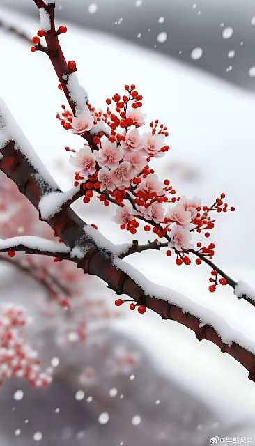 Snow-Covered Cherry Blossom Branch in Winter - Free 4K & 8K Mobile Wallpaper