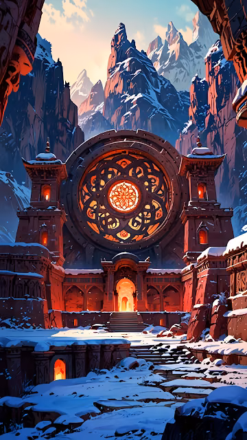 Snow-Covered Fantasy Temple with Glowing Rose Window - Free 4K & 8K Mobile Wallpaper