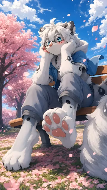 Anime snow leopard character with glasses and large paw pads sitting on a wooden bench beneath pink trees.