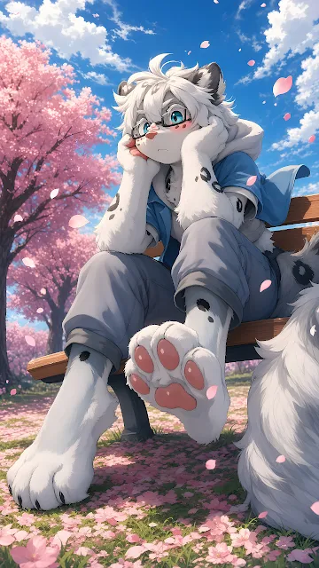 A white snow leopard character wearing glasses rests on a park bench under falling cherry blossoms. Anime snow leopard character with glasses and large paw pads sitting on a wooden bench beneath pink trees.
