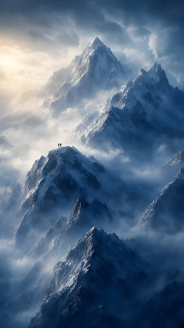 Two hikers stand on a sharp snowy mountain ridge above swirling cloud layers. Silhouetted mountaineers standing atop a sharp snow-covered peak surrounded by low clouds.