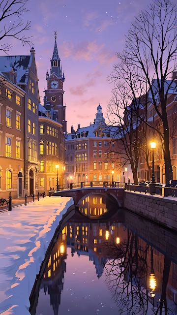 Snowy Canal Street at Dusk with Glowing Windows and Clock Tower - Free 4K & 8K Mobile Wallpaper