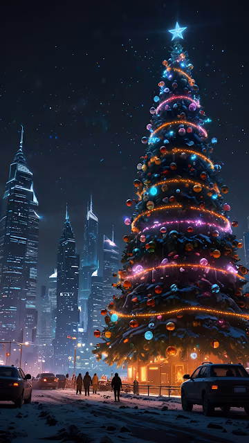 Snowy City Street Giant Christmas Tree Night View - Free 4K & 8K Mobile Wallpaper
