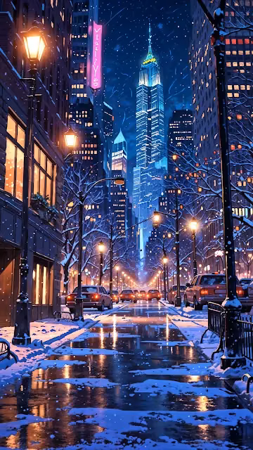 Snowy City Street at Night with Glowing Lights - Free 4K & 8K Mobile Wallpaper