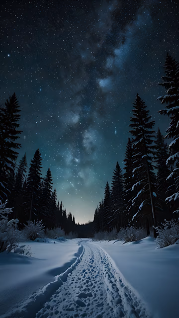 Snowy Forest Path Under Milky Way Winter Night Sky - Free 4K & 8K Mobile Wallpaper